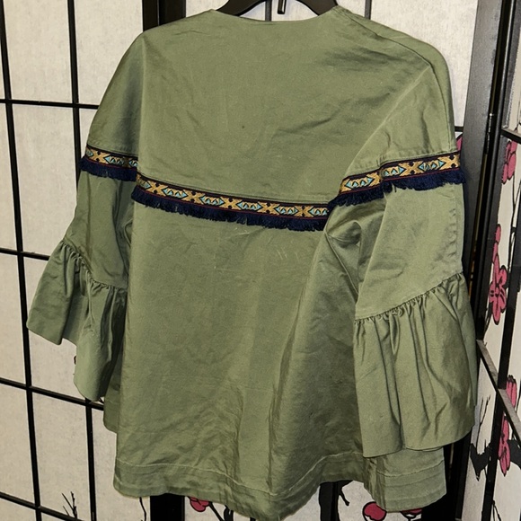 ZARA Aztec Embroidered Fringe Boho Bell Sleeve military green jacket - Picture 10 of 12